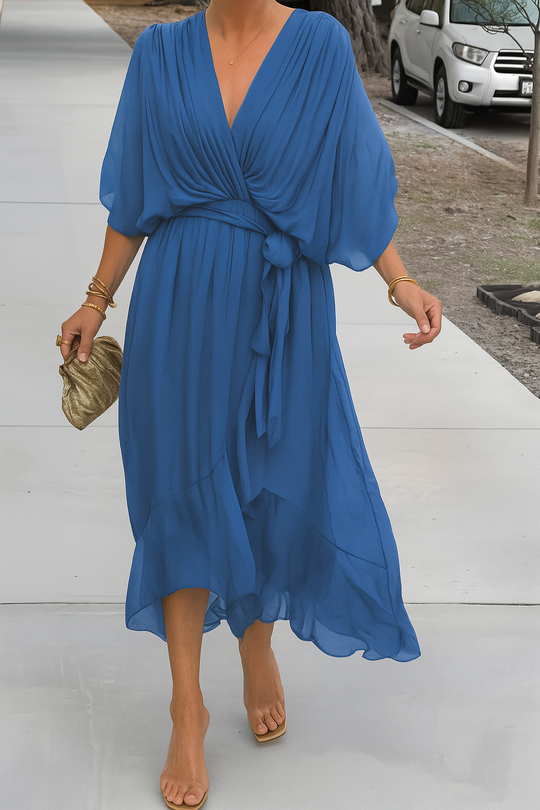 Chiffon Wrap Midi Dress with Asymmetric Hem