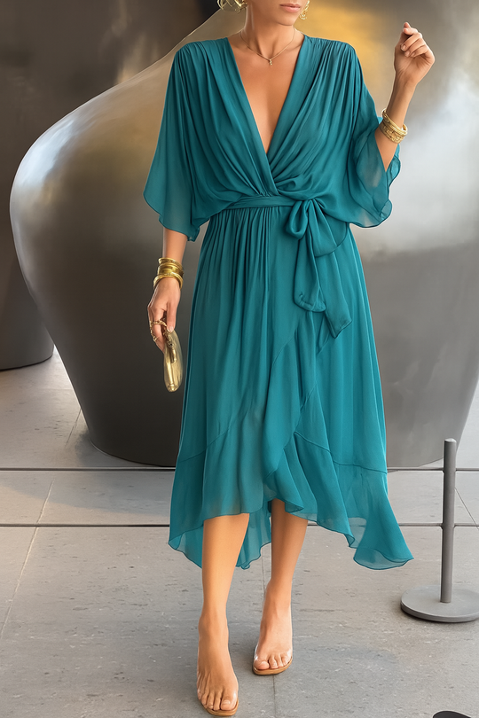 Chiffon Wrap Midi Dress with Asymmetric Hem