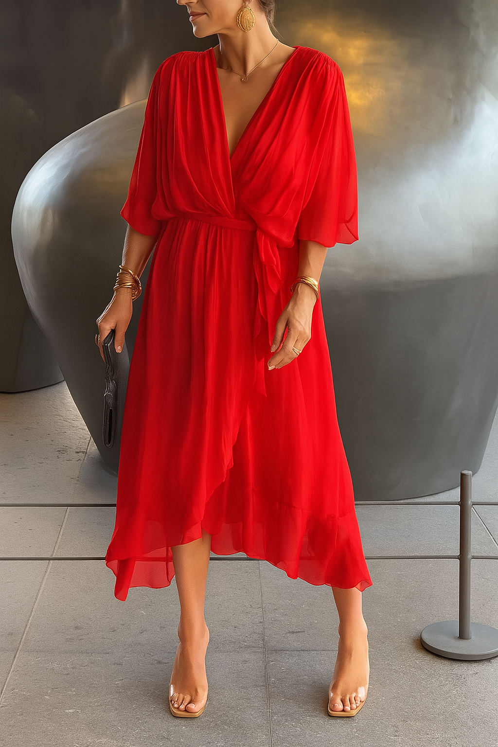 Chiffon Wrap Midi Dress with Asymmetric Hem