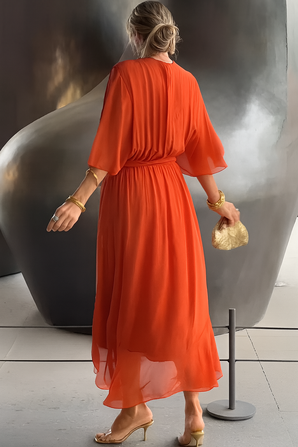 Chiffon Wrap Midi Dress with Asymmetric Hem