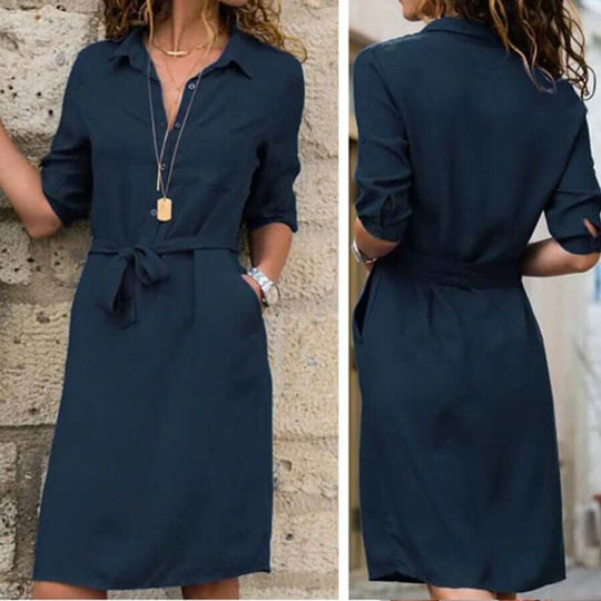 Classic-Collar Midi Dress with Bow Detail and Pockets