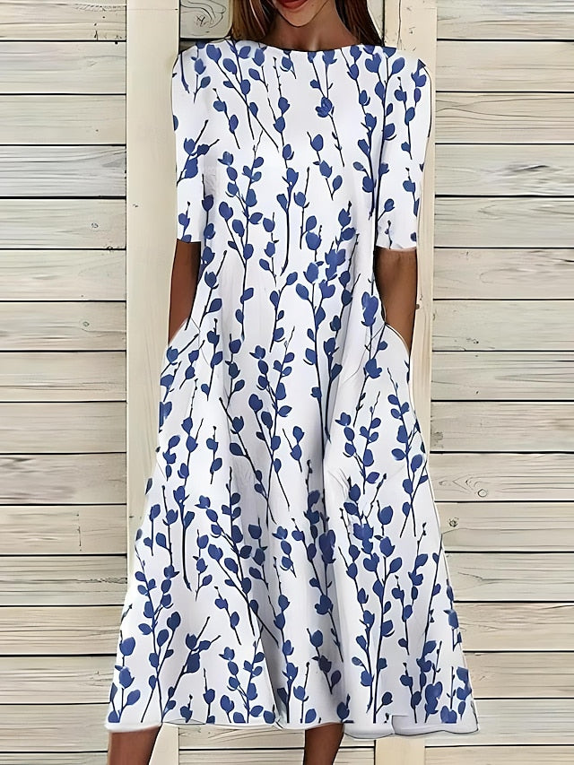 Coastal Floral Summer Midi Dress with Round Neck