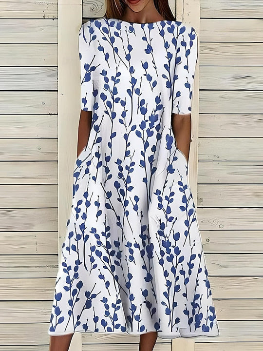 Coastal Floral Summer Midi Dress with Round Neck