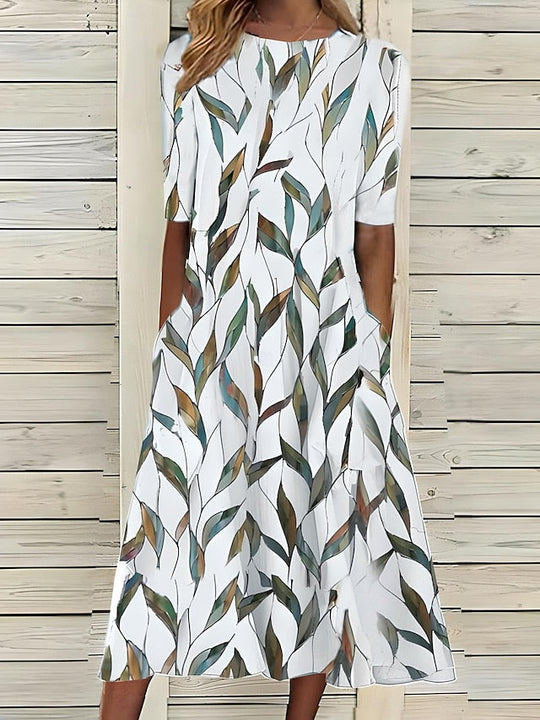 Coastal Floral Summer Midi Dress with Round Neck