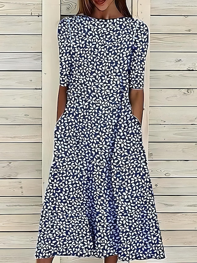 Coastal Floral Summer Midi Dress with Round Neck