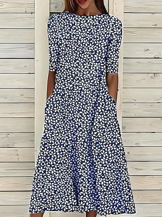 Coastal Floral Summer Midi Dress with Round Neck