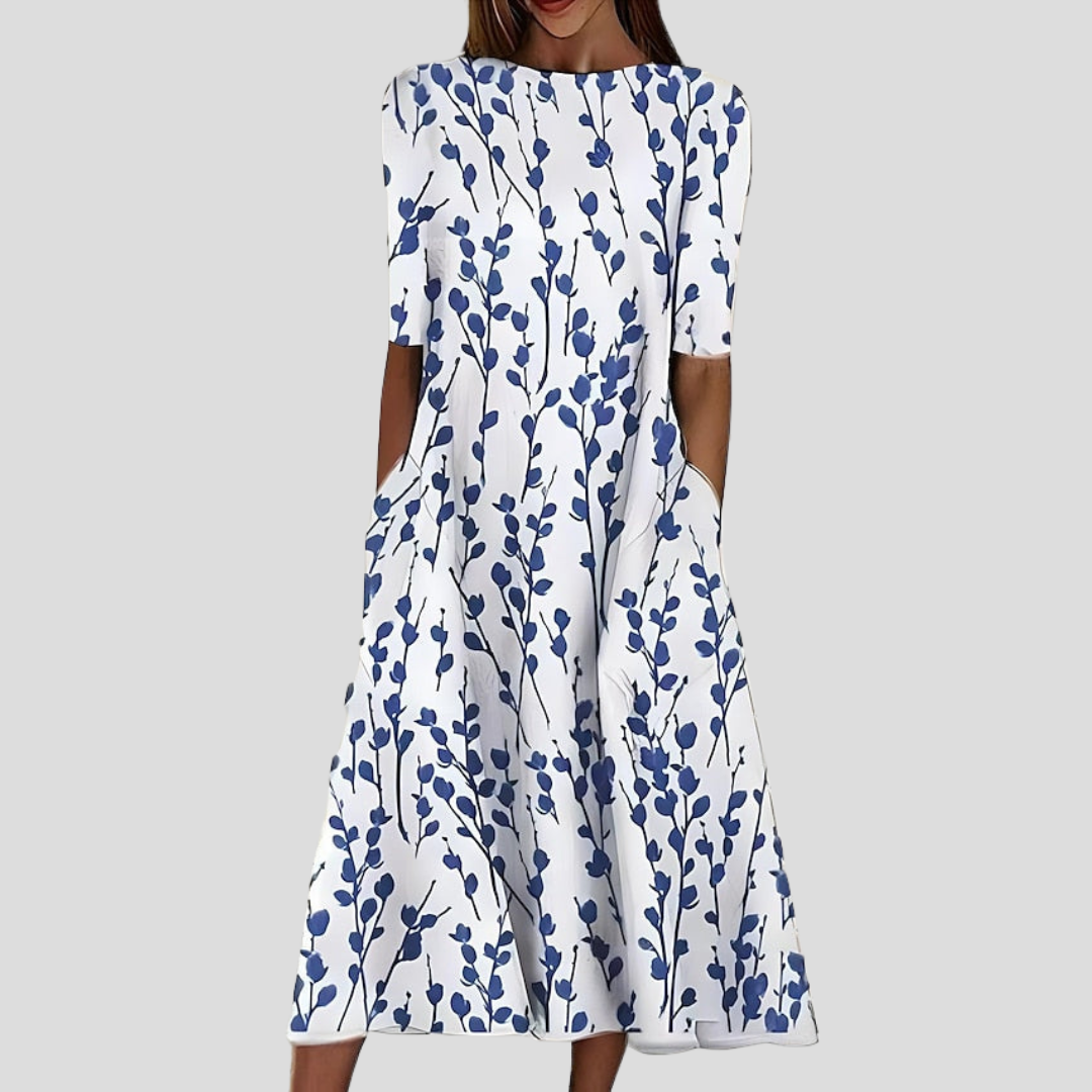 Coastal Floral Summer Midi Dress with Round Neck