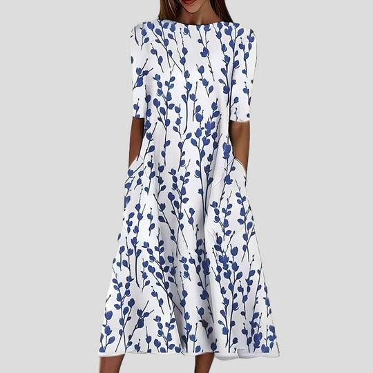 Coastal Floral Summer Midi Dress with Round Neck