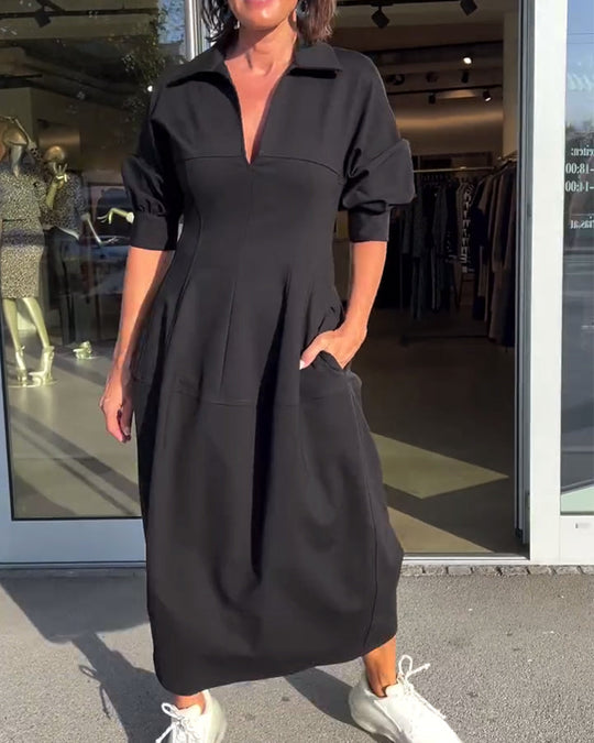 Collared V-Neck Midi Dress with Side Pockets