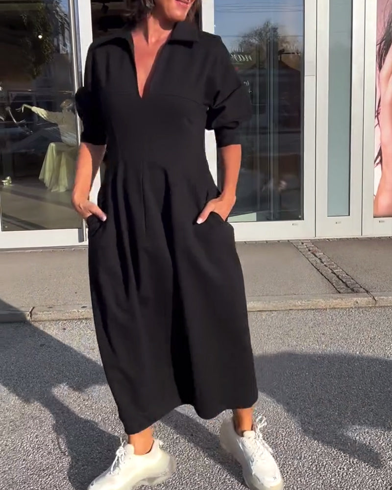 Collared V-Neck Midi Dress with Side Pockets
