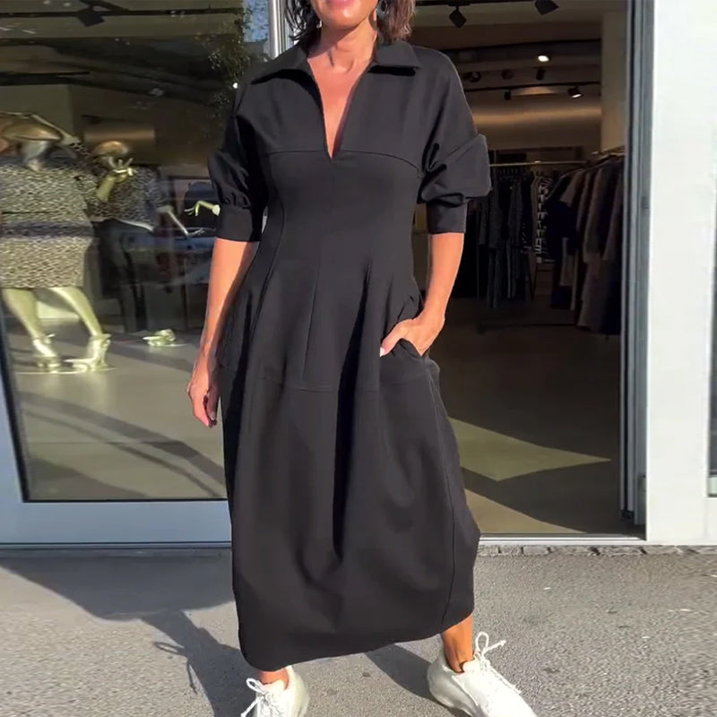 Collared V-Neck Midi Dress with Side Pockets