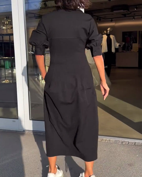 Collared V-Neck Midi Dress with Side Pockets