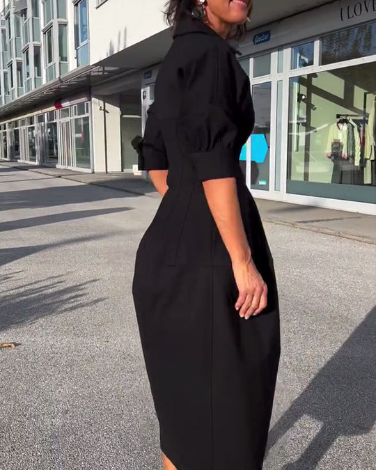 Collared V-Neck Midi Dress with Side Pockets