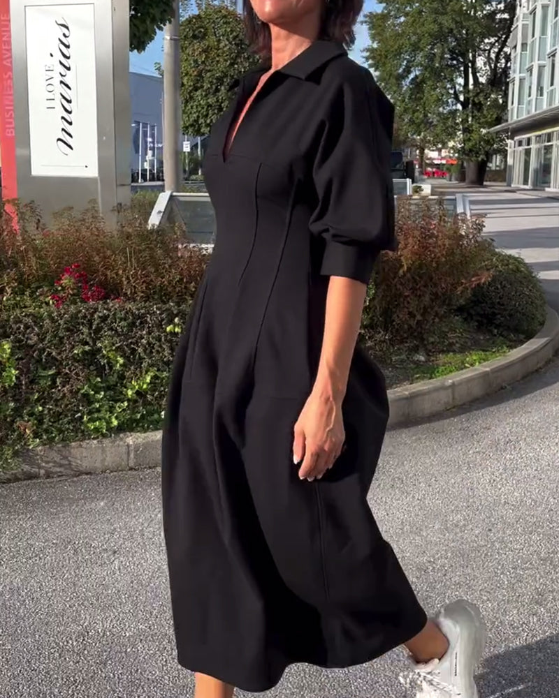 Collared V-Neck Midi Dress with Side Pockets