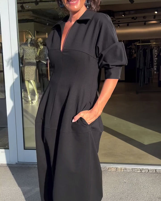 Collared V-Neck Midi Dress with Side Pockets