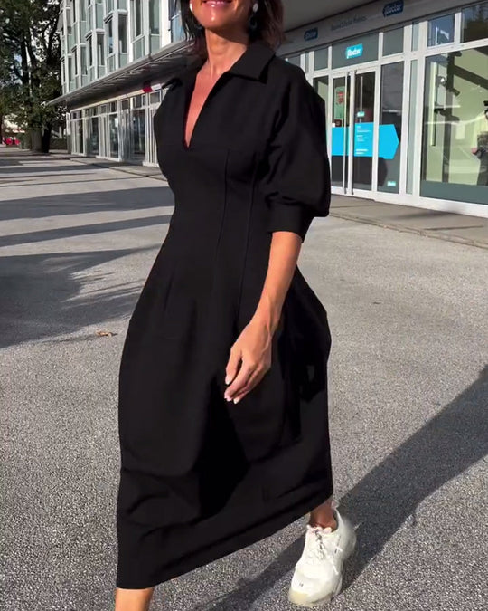 Collared V-Neck Midi Dress with Side Pockets