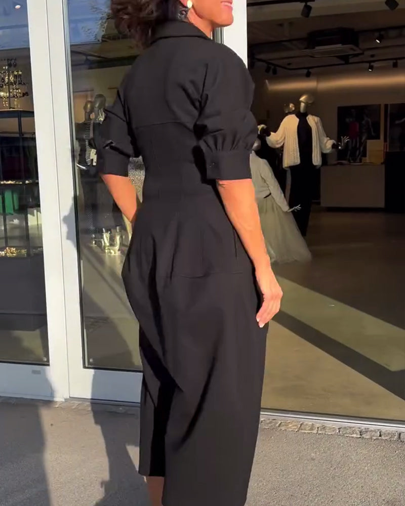 Collared V-Neck Midi Dress with Side Pockets