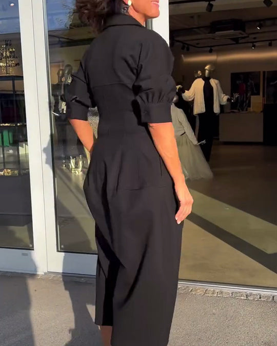 Collared V-Neck Midi Dress with Side Pockets