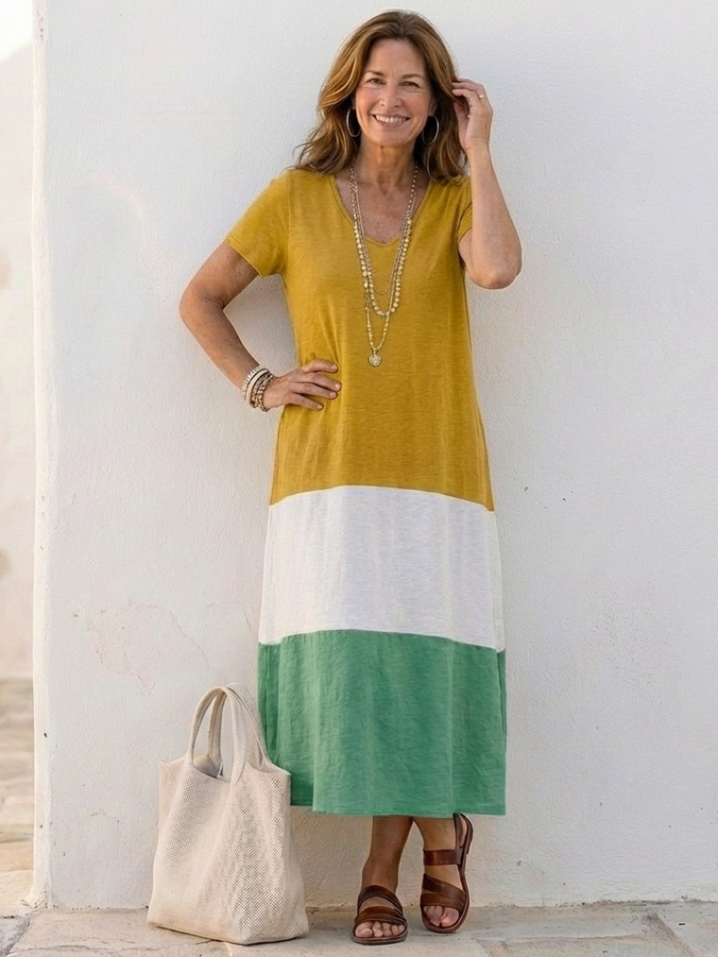 Colour-Block V-Neck Midi Dress with Short Sleeves
