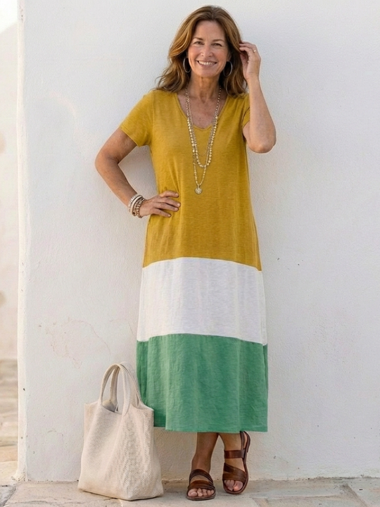 Colour-Block V-Neck Midi Dress with Short Sleeves