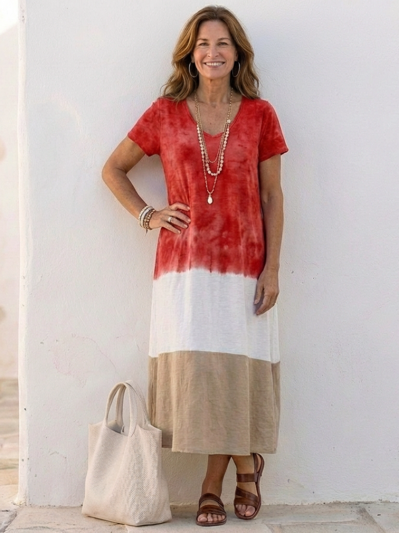 Colour-Block V-Neck Midi Dress with Short Sleeves