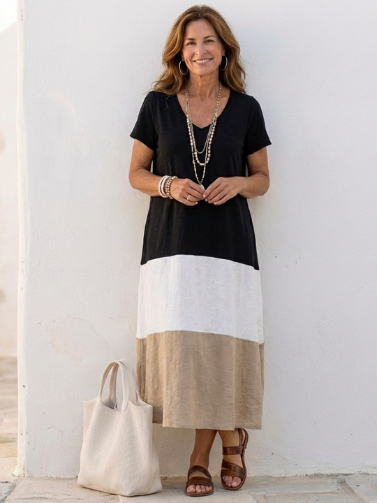 Colour-Block V-Neck Midi Dress with Short Sleeves