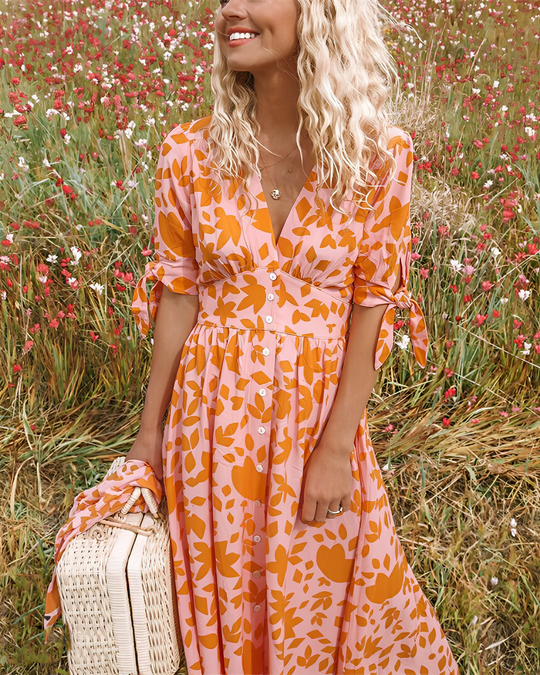 Colourful Floral V-Neck Midi Dress for Summer