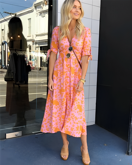 Colourful Floral V-Neck Midi Dress for Summer