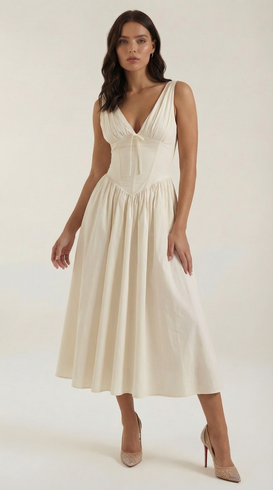 Corset-Style V-Neck Midi Dress with Wide Straps