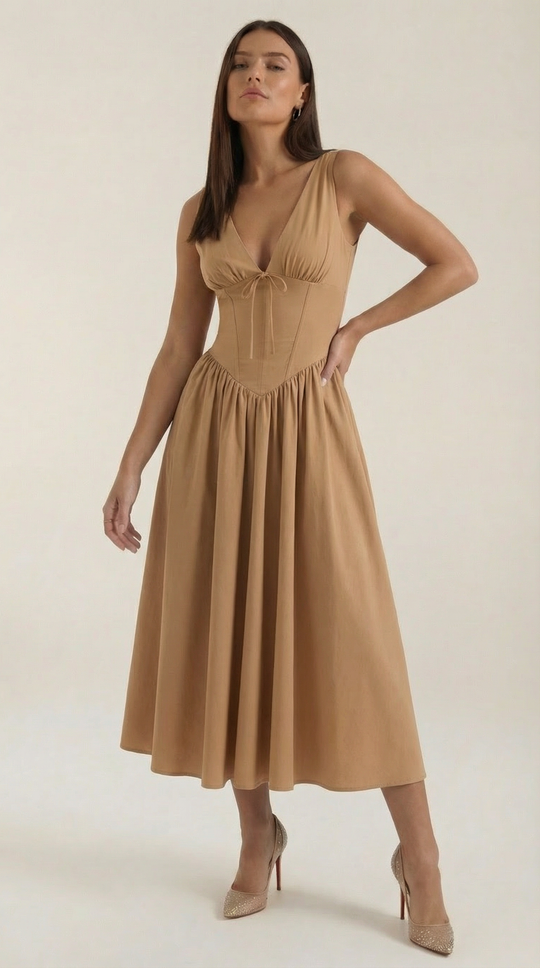 Corset-Style V-Neck Midi Dress with Wide Straps