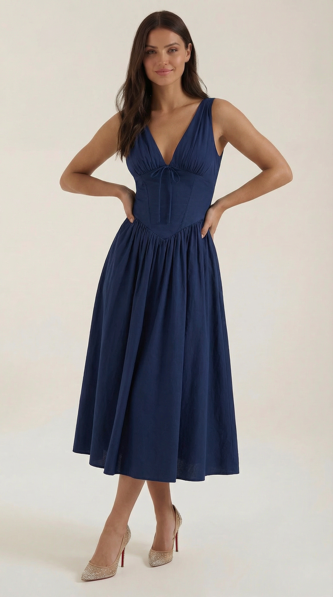 Corset-Style V-Neck Midi Dress with Wide Straps