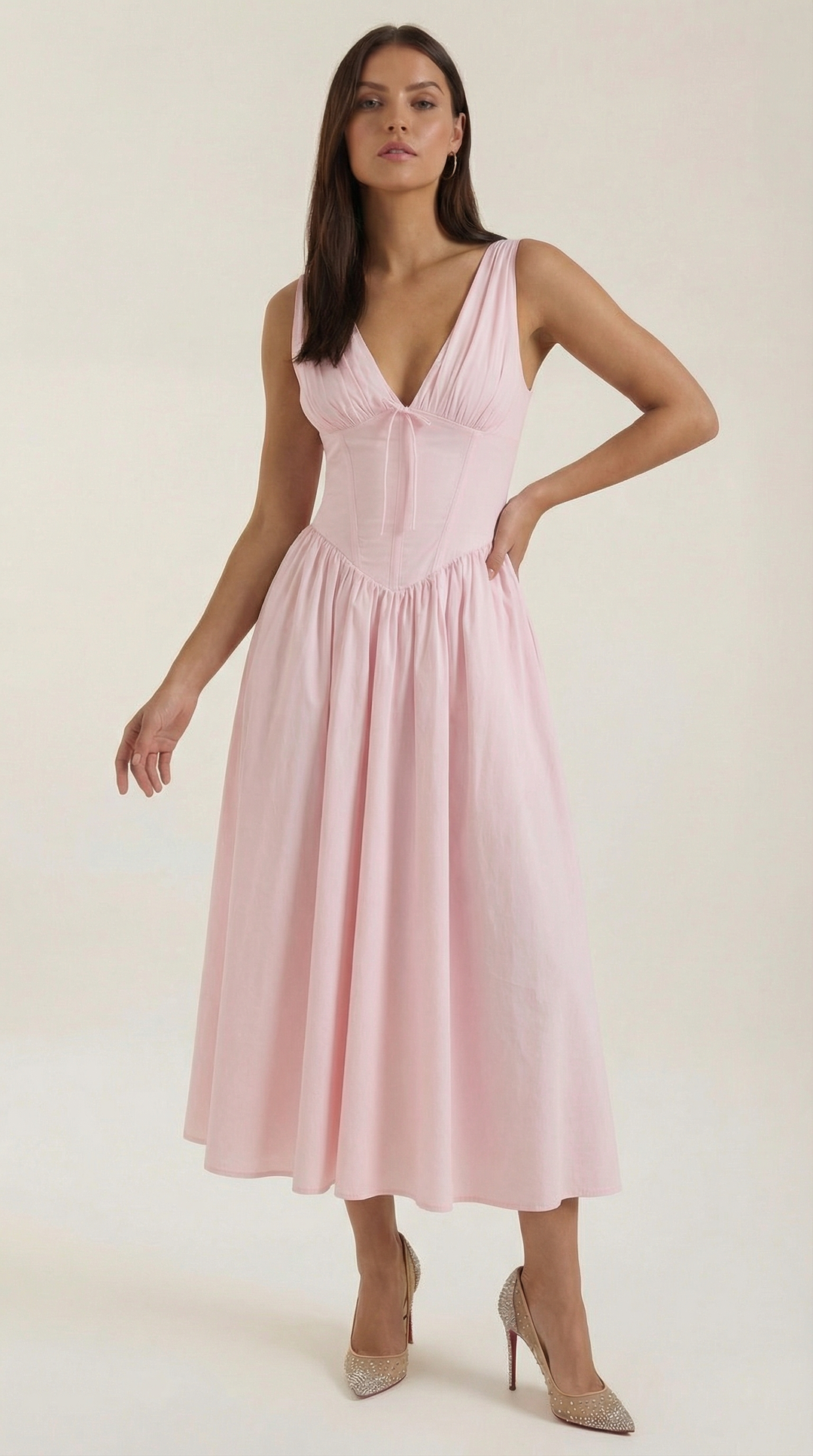 Corset-Style V-Neck Midi Dress with Wide Straps