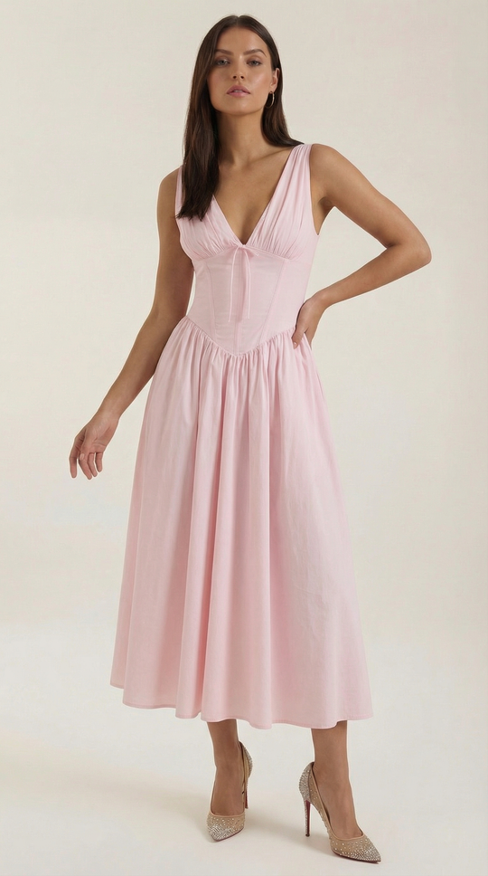 Corset-Style V-Neck Midi Dress with Wide Straps