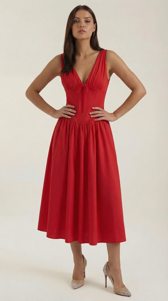 Corset-Style V-Neck Midi Dress with Wide Straps