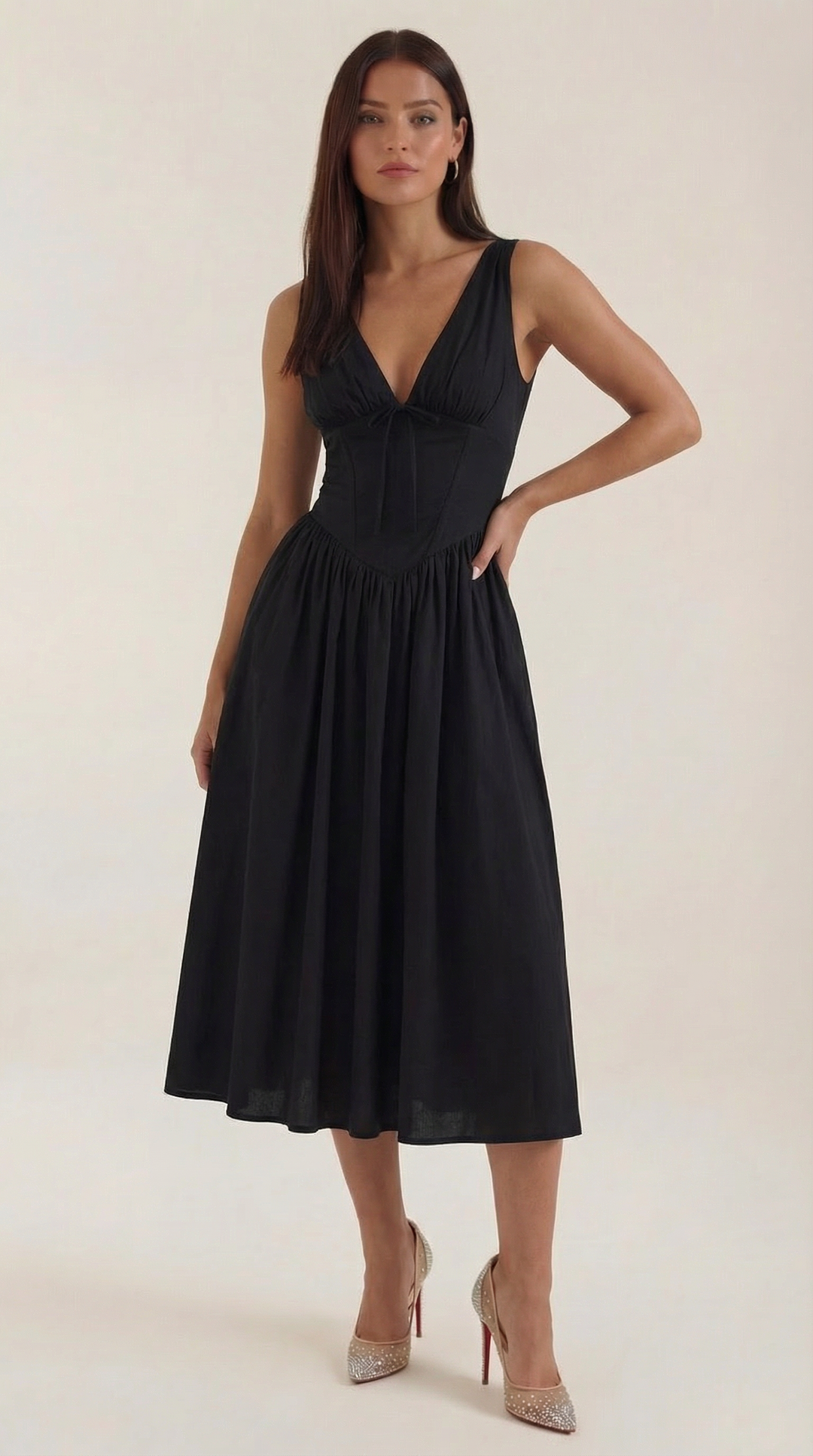Corset-Style V-Neck Midi Dress with Wide Straps