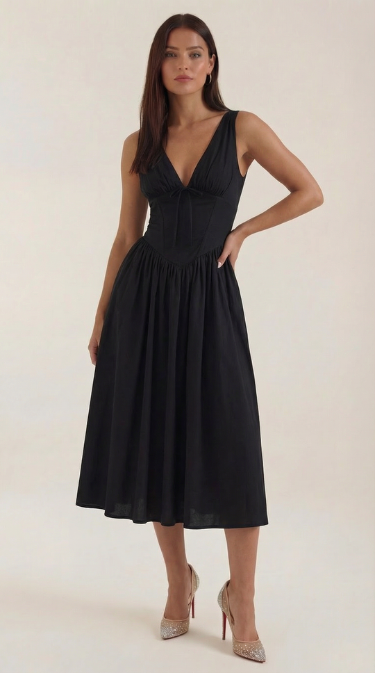 Corset-Style V-Neck Midi Dress with Wide Straps