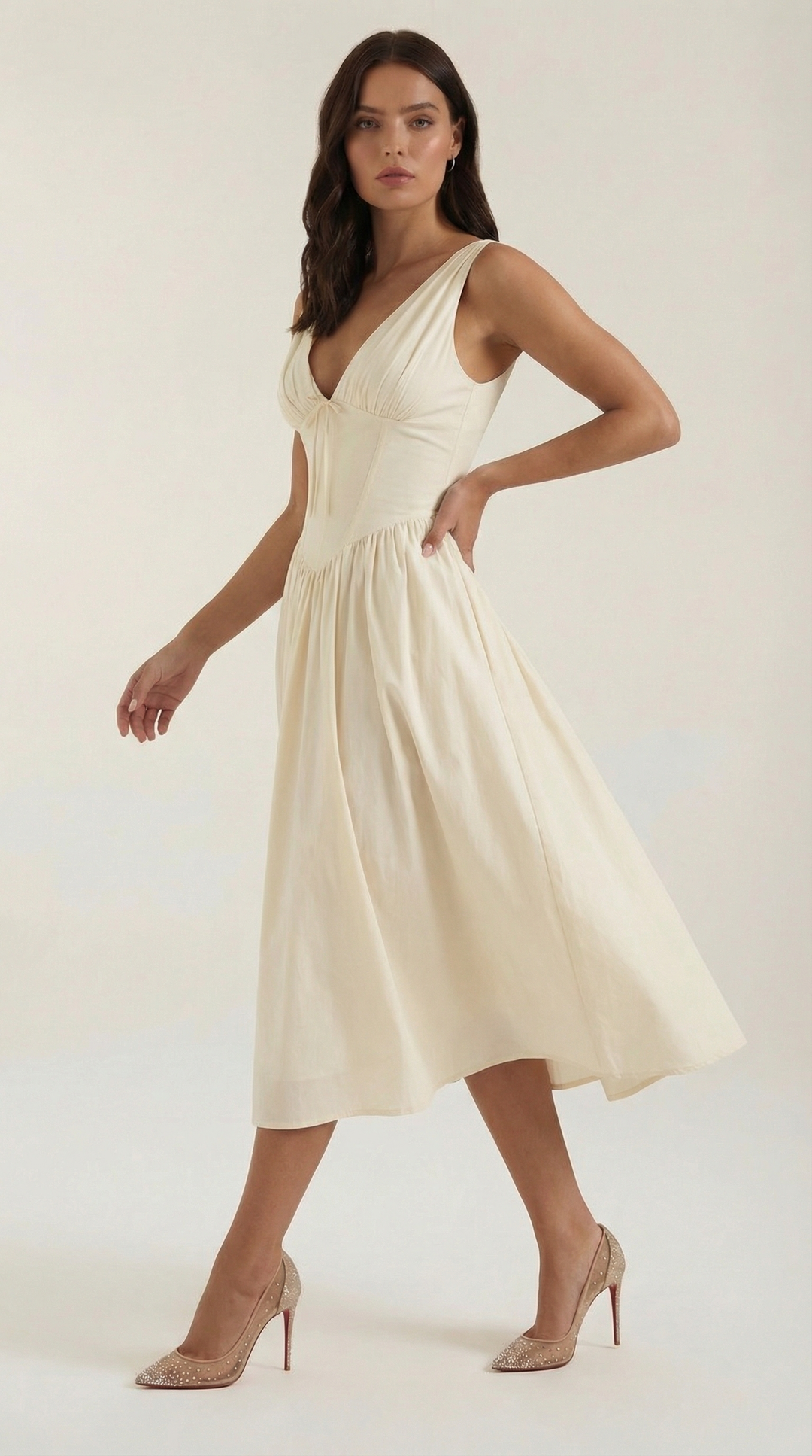 Corset-Style V-Neck Midi Dress with Wide Straps