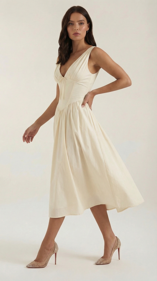 Corset-Style V-Neck Midi Dress with Wide Straps