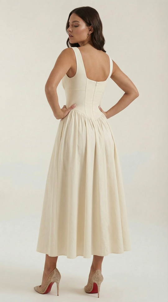 Corset-Style V-Neck Midi Dress with Wide Straps