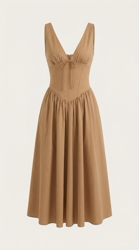 Corset-Style V-Neck Midi Dress with Wide Straps