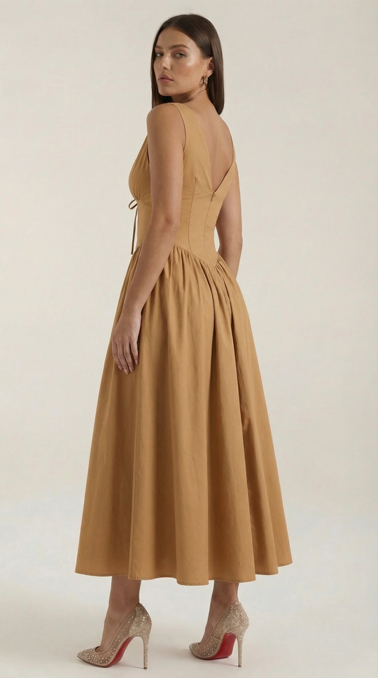Corset-Style V-Neck Midi Dress with Wide Straps