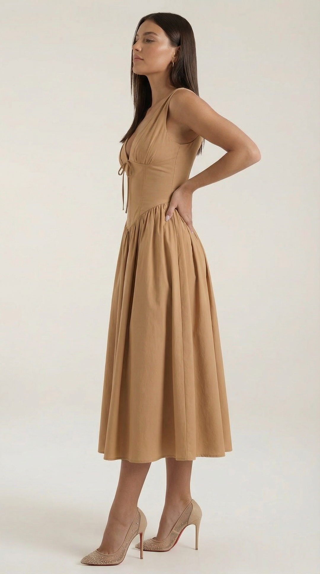 Corset-Style V-Neck Midi Dress with Wide Straps