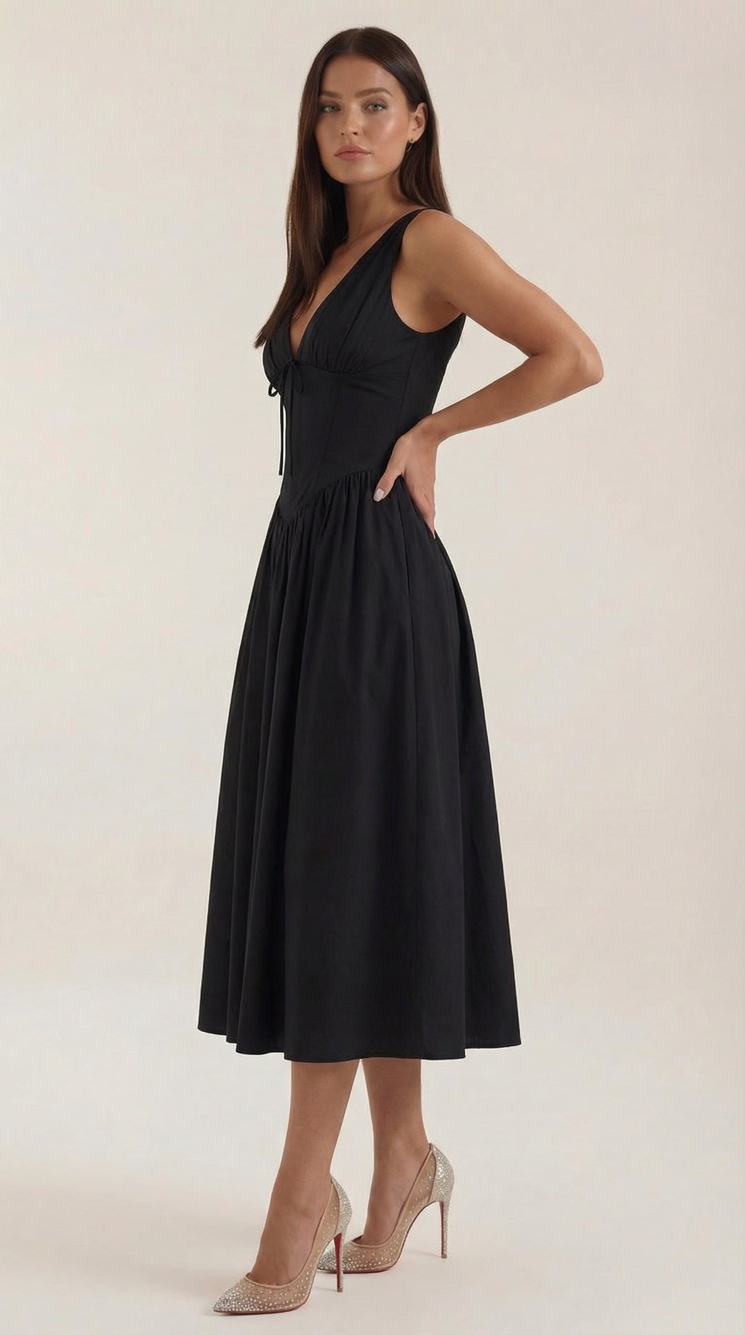 Corset-Style V-Neck Midi Dress with Wide Straps