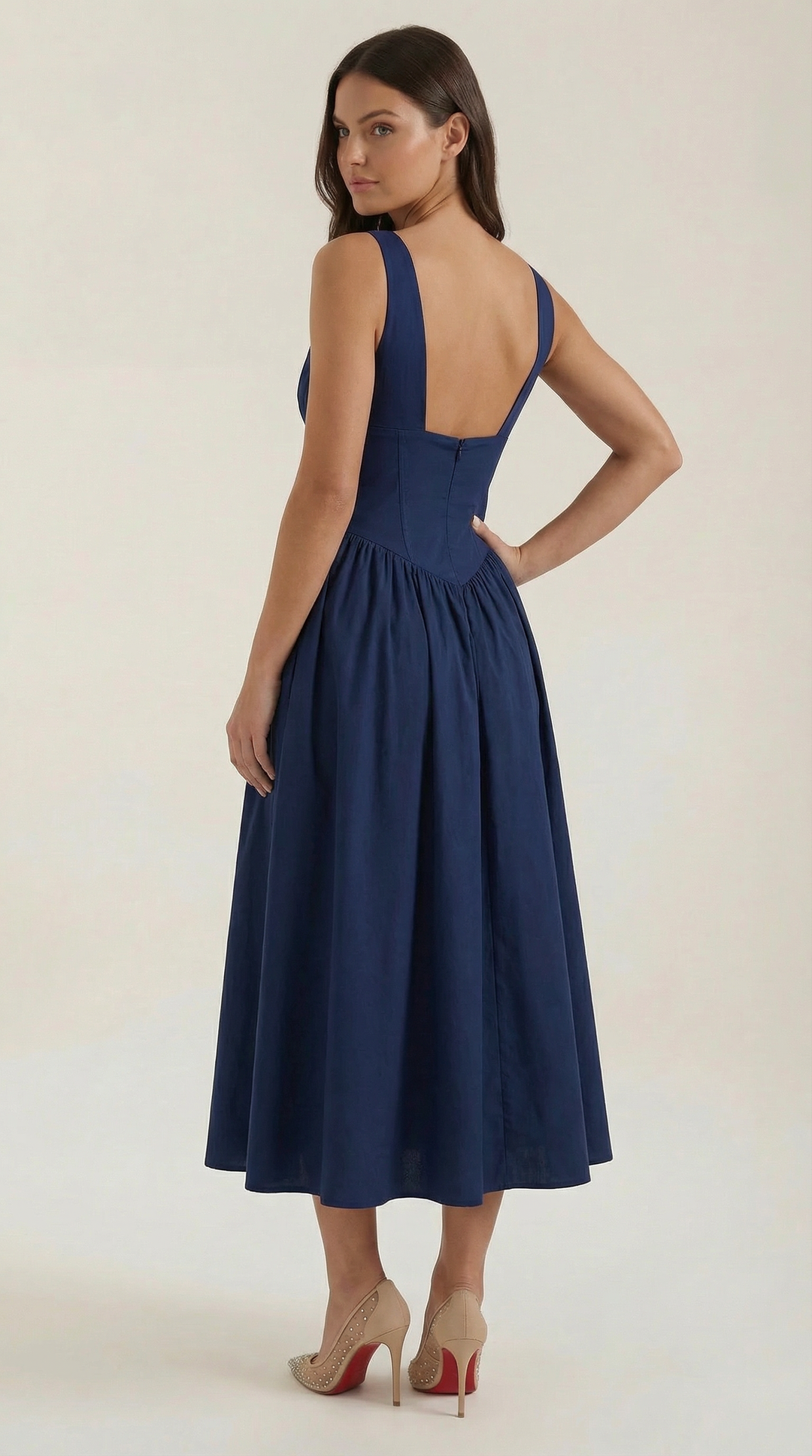 Corset-Style V-Neck Midi Dress with Wide Straps