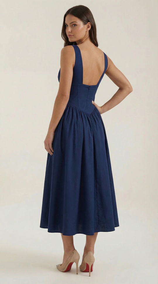Corset-Style V-Neck Midi Dress with Wide Straps