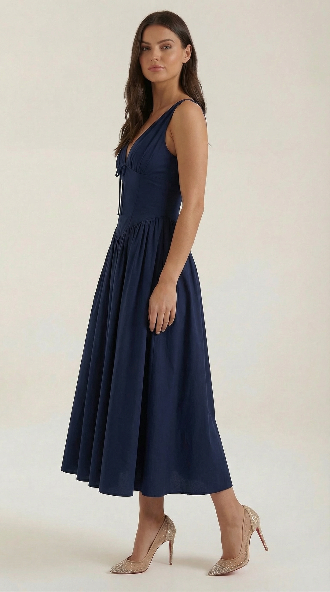 Corset-Style V-Neck Midi Dress with Wide Straps