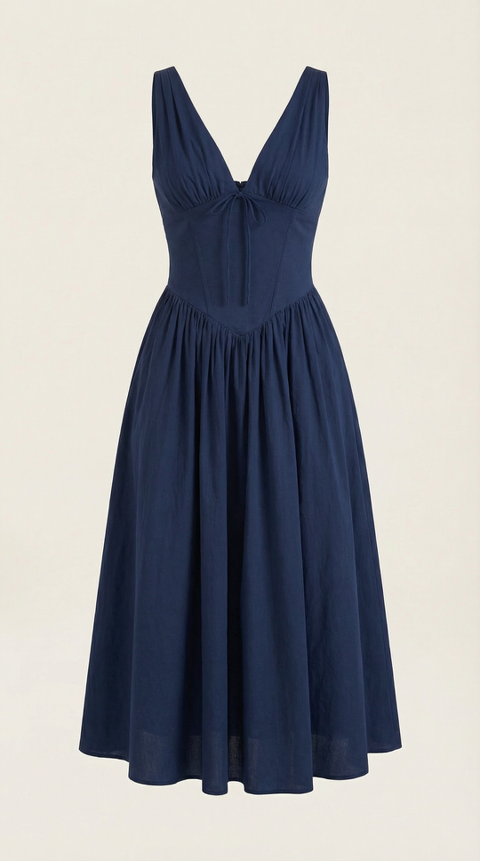 Corset-Style V-Neck Midi Dress with Wide Straps