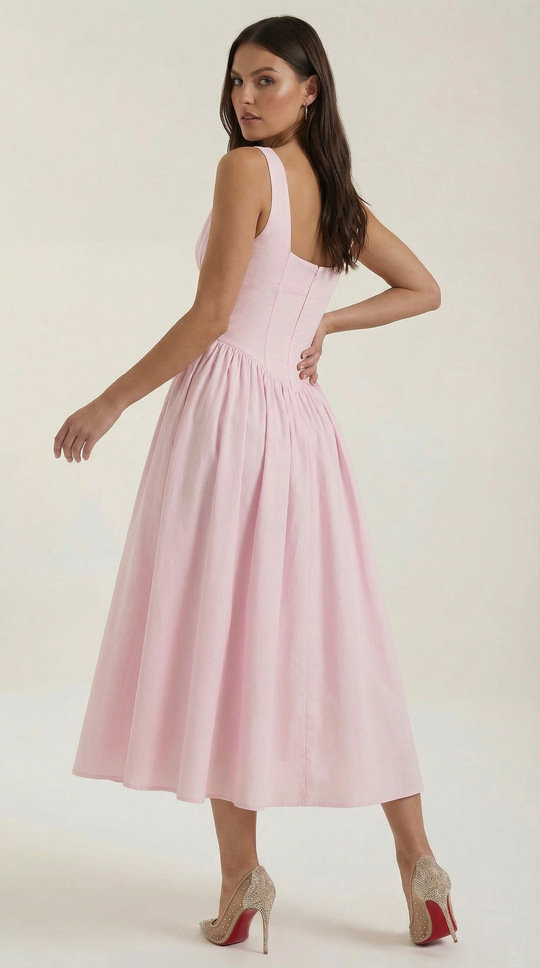 Corset-Style V-Neck Midi Dress with Wide Straps