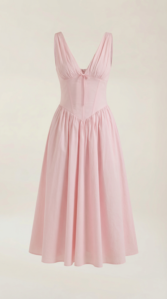 Corset-Style V-Neck Midi Dress with Wide Straps