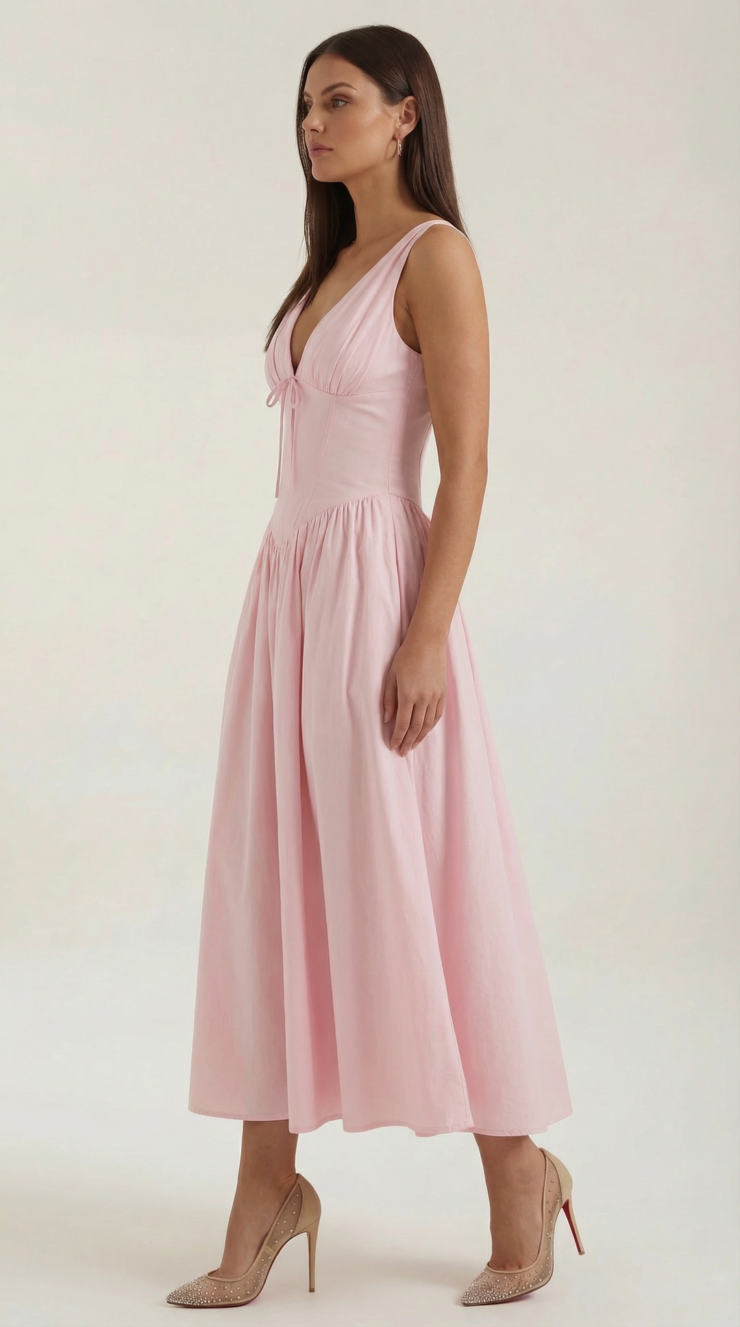 Corset-Style V-Neck Midi Dress with Wide Straps